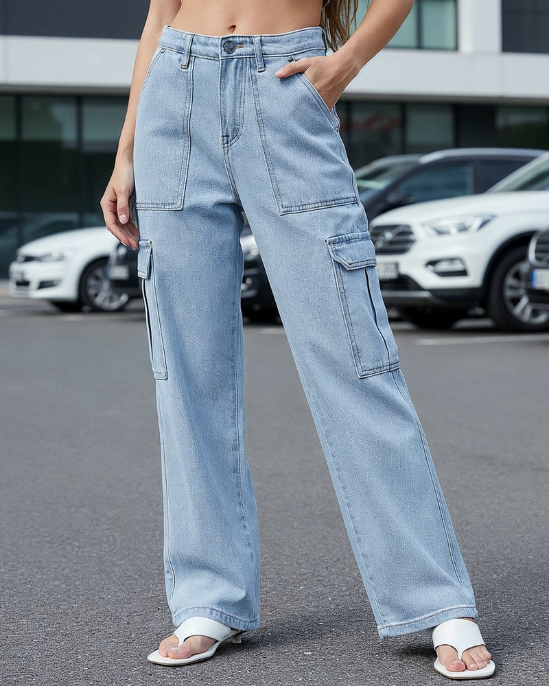 bewakoof Women's Light Blue Washed Straight Fit Cargo Jeans - Image 1